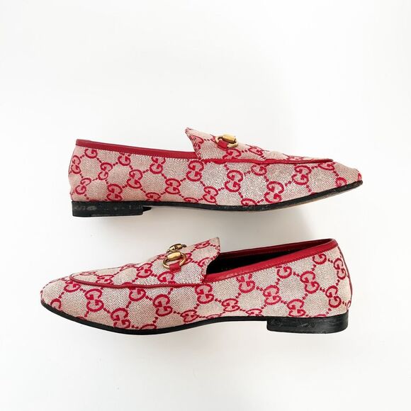 Gucci Jordaan Horsebit Loafer Red GG Canvas Flat Supreme Buckle 37, 7 - Picture 9 of 13